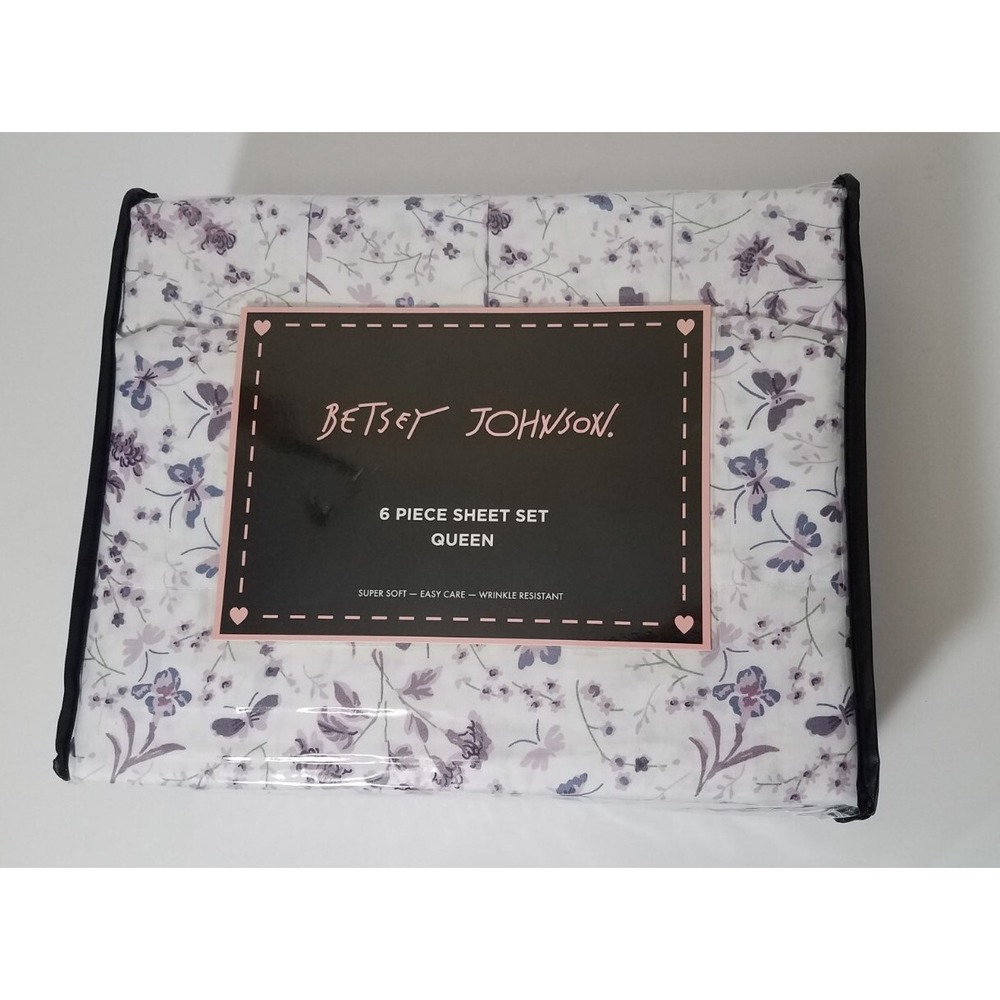 Betsey Johnson Queen Sheet Set Purple Floral Flowers Butterfly 6pc‎ Bedding NEW